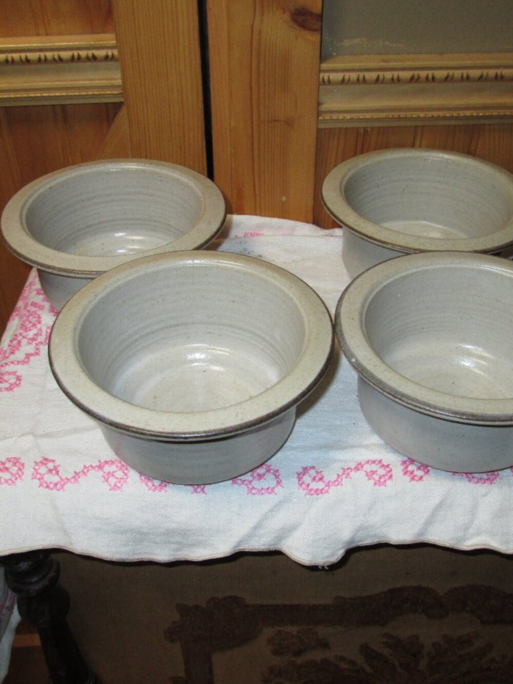 Vtg Art Studio pottery bowls Oatmeal color brown trim 3 in H x 6 in W